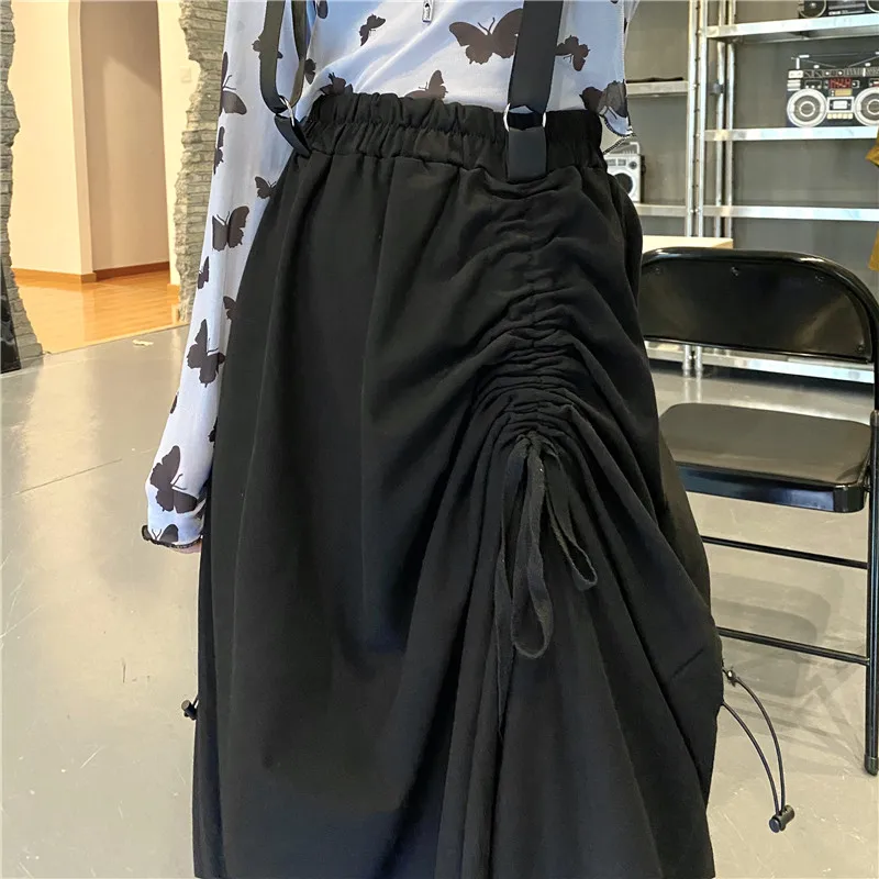 

Midi Long Skirt Womens Black Pleated Skirt 2021 Spring Summer Goth Lolita Skirt Style High Waist Drawstring Suspender Skirts rok