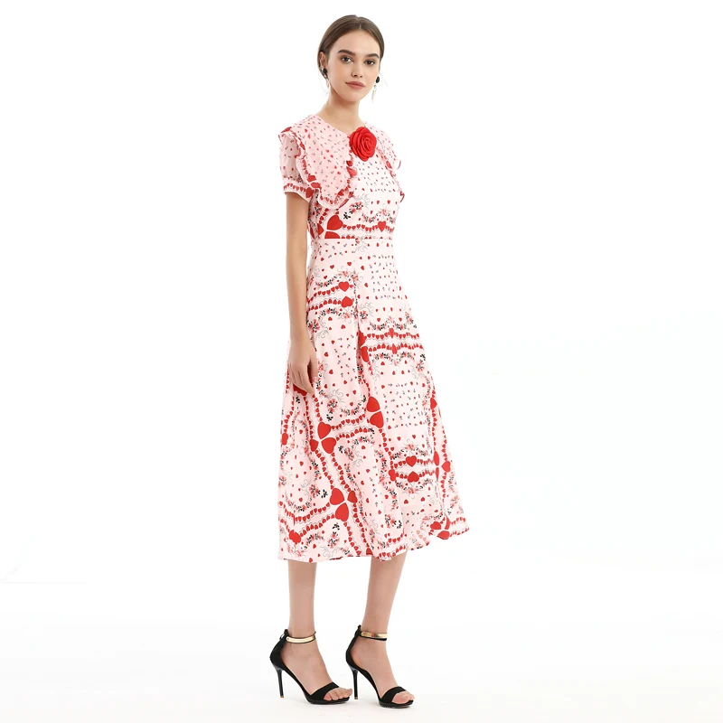 

Designer High Quality Summer New Women'S Red Appliques Ruffles Fashion Party Sexy Elegant Chic Print Fashion Midi Dress
