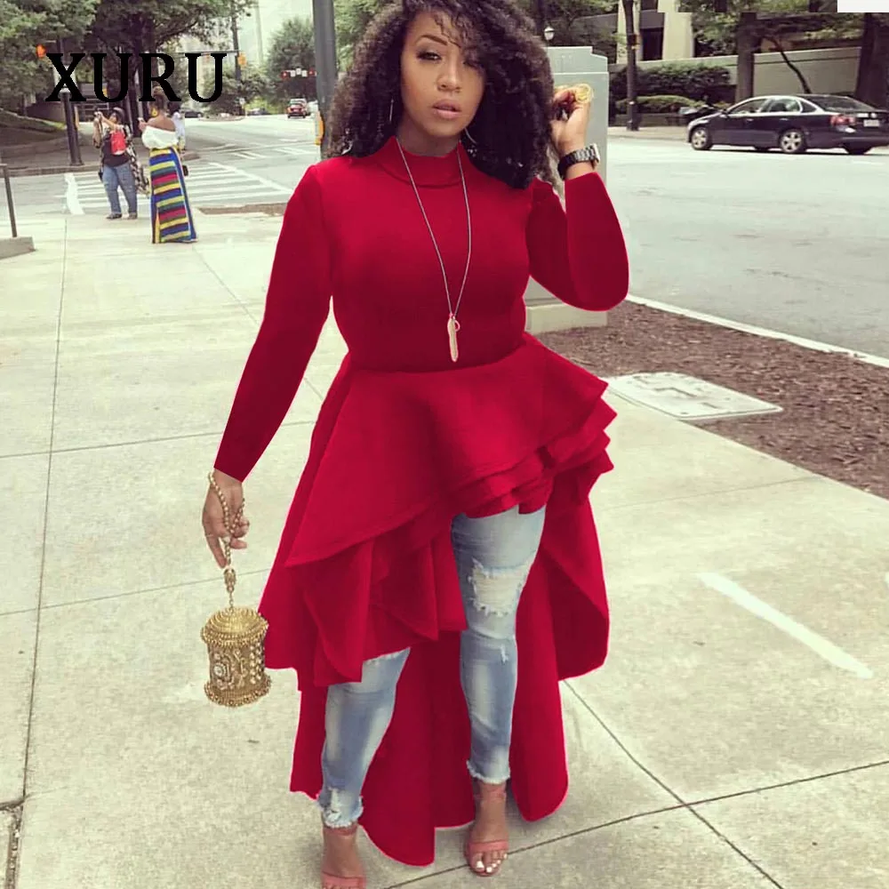 Платье женское асимметричное с длинным рукавом круглым вырезом и каскадными