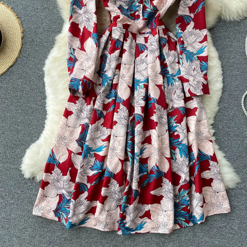 

YIZZHOY New Summer Vintage A Line Chiffon Pullover Mid-calf Dress Women Elegant Floral Print Polo Collar Short Lady Dress