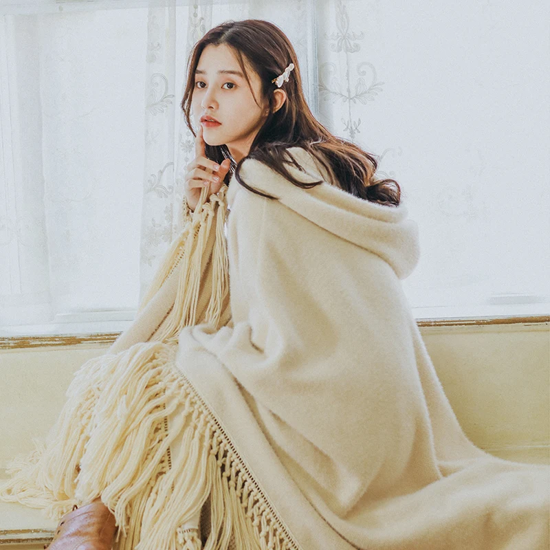 Fall Women Autumn Winter Bohemian Oversized Tassel Hooded Cloak Ladies Sweet Thick Warm Casual Loose Long Coats ropa mujer
