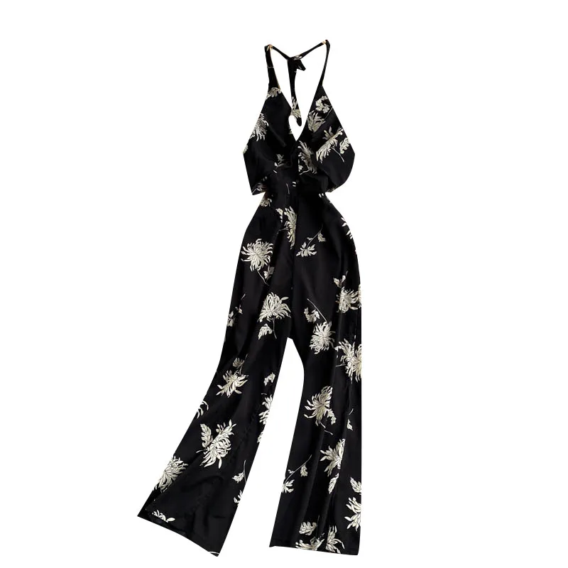 

Summer New Style Temperament High-end Holiday Style Jumpsuit Women Halter Sexy Halter Printed Wide-leg Pants GK721