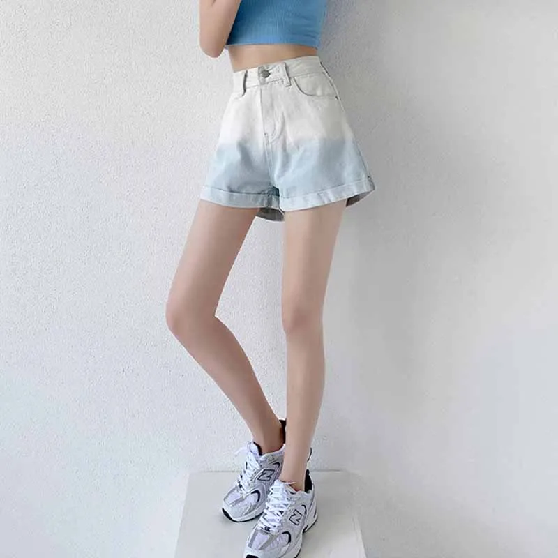 

Свободные джинсовые шорты с широкими штанинами для женщин, индивидуальные Градиентные Шорты в гонконгском стиле с завышенной талией, женск...