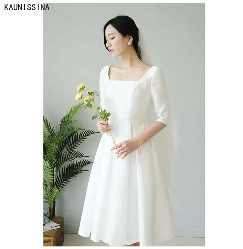 

KAUNISSINA Satin Wedding Dresses Women Half Sleeve Square Collar Knee-Length Simple White Wedding Gown Bridal Marriage Dress