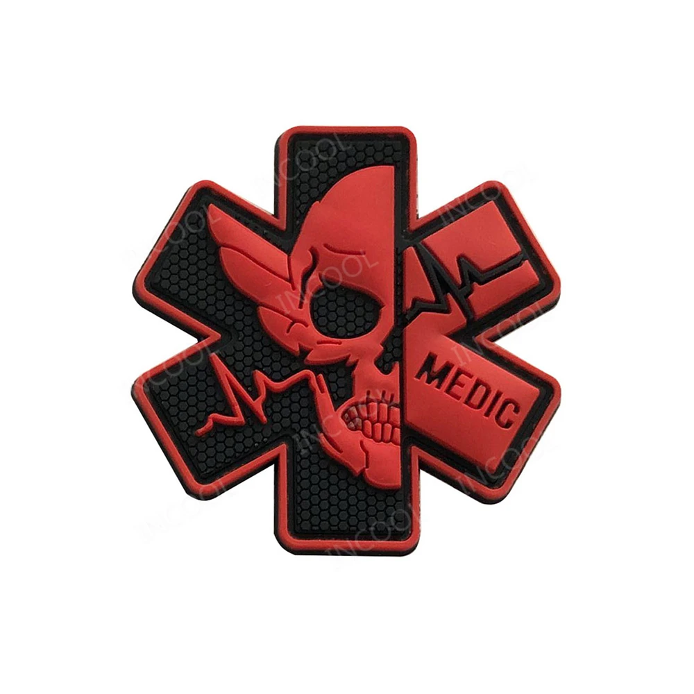 Black Red 3D ПВХ фельдшер череп патчи тактические для поддержания боевого духа декоративные повязки сражение аппликация резиновый медик медицинские значки крюк назад - Цвет: Black Red