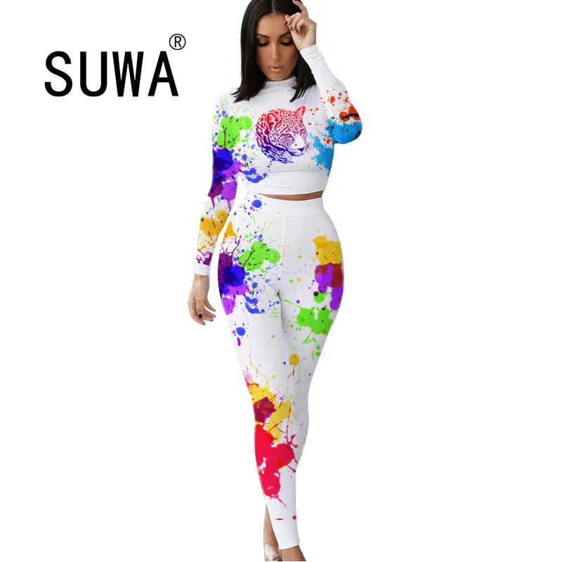 

Женский облегающий костюм-двойка с принтом граффити, обтягивающие Топы с длинным рукавом и эластичные леггинсы с высокой талией