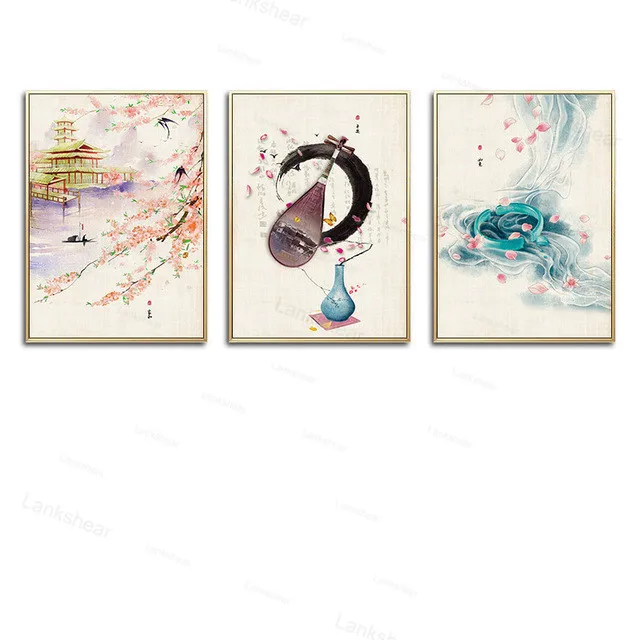

Japan Style Watercolor Landscape Pink Flower Cherry Canvas Modular Painting Poster Art Wall Picture Girl Cute for Living Room
