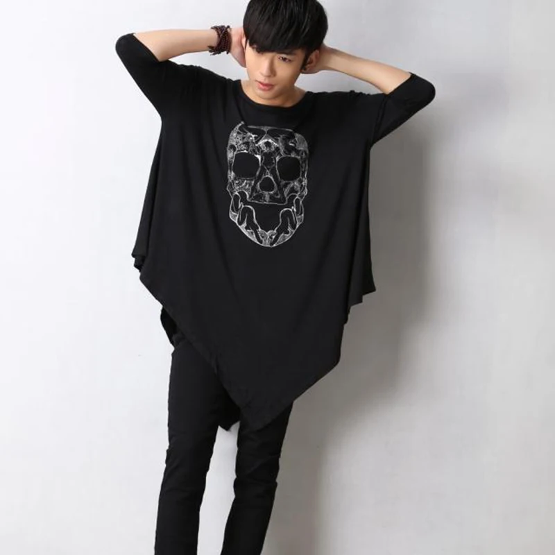 

Korean edition large men's summer skull and crossbones cloaked short-sleeved T-shirt half-sleeve loose-fitting men's nightclub s