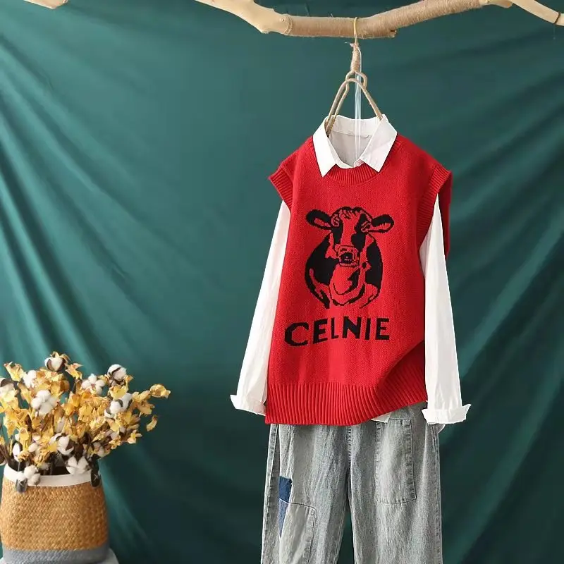 

Casual Knitted Vests For Women Korean Fashion Sweater Vest Vintage Clothes Loose Oversized Sweaters Woman All-Match Knit Top