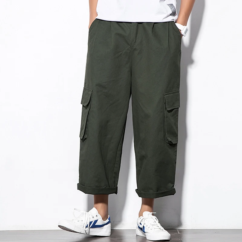 

Water Wash Cotton Overalls Ankle-length Cargo Pants Casual Trousers Male Straight Loose Stereo Pocket Spring Army Green Black