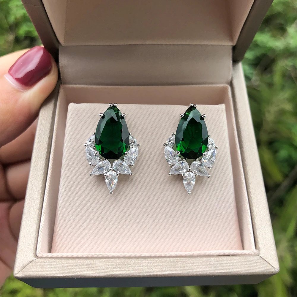 Emerald Wong Rain стерлингового серебра 925 груша Изумрудный сапфир Аквамарин полудрагоценный камень бриллианты серьги-гвоздики ювелирных изделий - Цвет камня: Emerald
