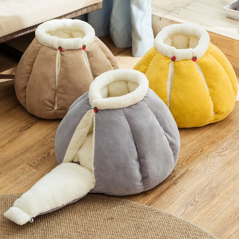 

Winter Warm Cat House Semi Closed Windproof Corduroy Pet Bed Thicken Pp Cotton Puppy Kitten Bed Mats Cute Cartoon Pumpkin Shape