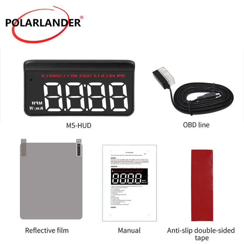 

Car Head Up Display M5 RPM Speed Light Sensor Clock Driving Distance Accelerated Test Temperature/Sound Alarm Switch Black