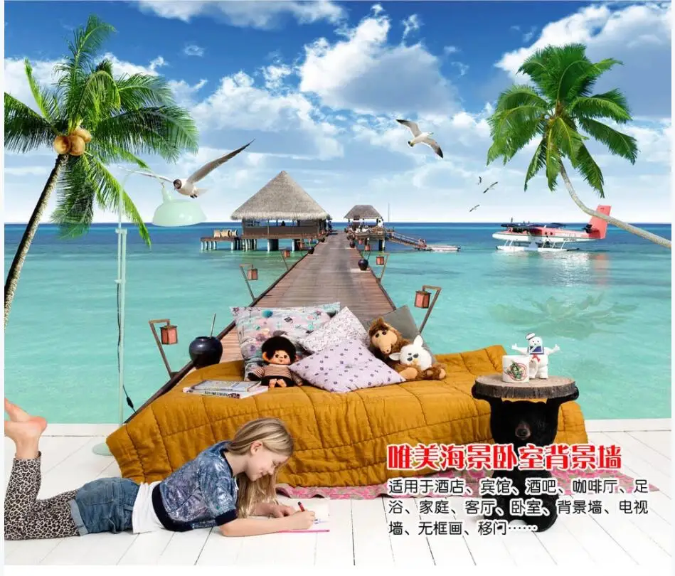 

WDBH пользовательская роспись 3d фото обои красивый морской пейзаж деревянный мост кокосовое дерево декор гостиная обои для стен 3 d
