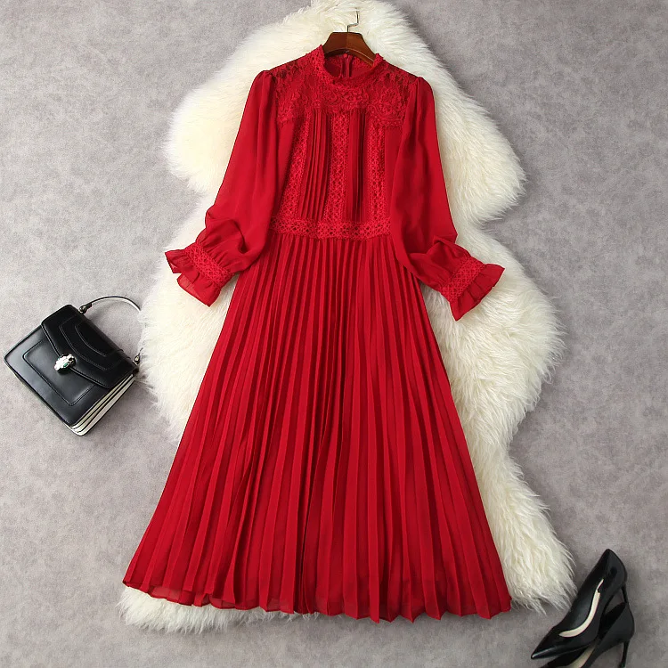 European and American women's wear spring 2022 new  Long sleeve horn sleeve stand collar  Fashionable lace pleated red dress