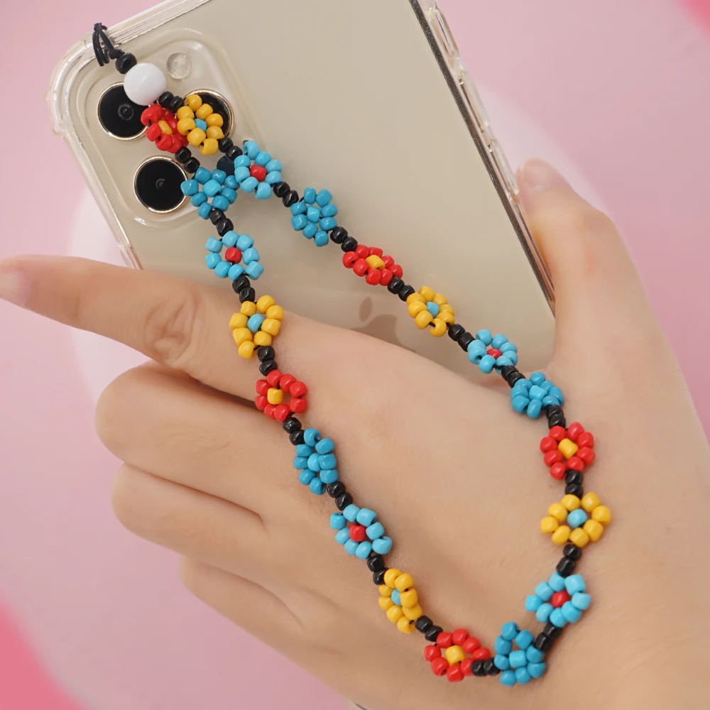 Go2Boho Unique Colorful Daisy Flower Phone Lanyard Telephone Jewelry For Cell Phone Charm Beaded Mobile Strap Anti-lost Cord