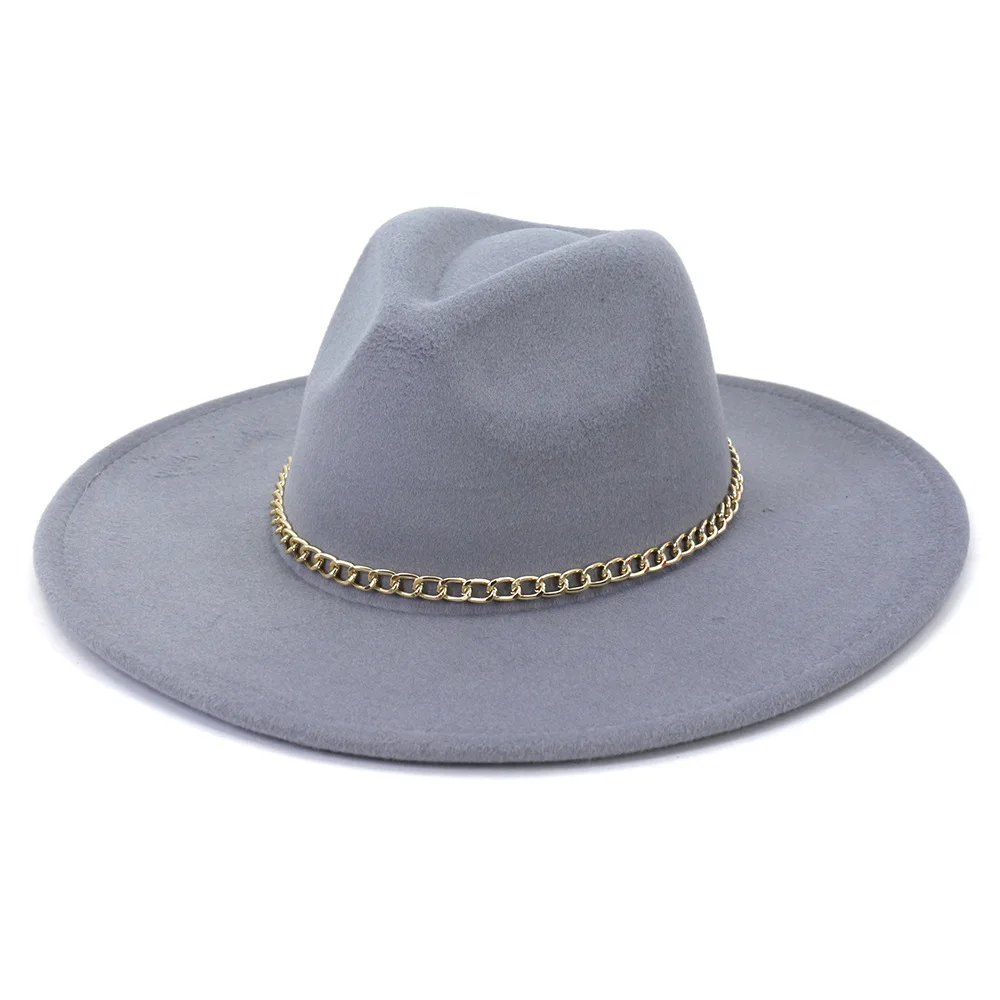 

Fedoras Hat Women's Hat Man Hat Fine Gold Chain Belt Luxury Fashion Church Hats Fedoras Cap Autumn Wide Brim 9.2CM шапка женская
