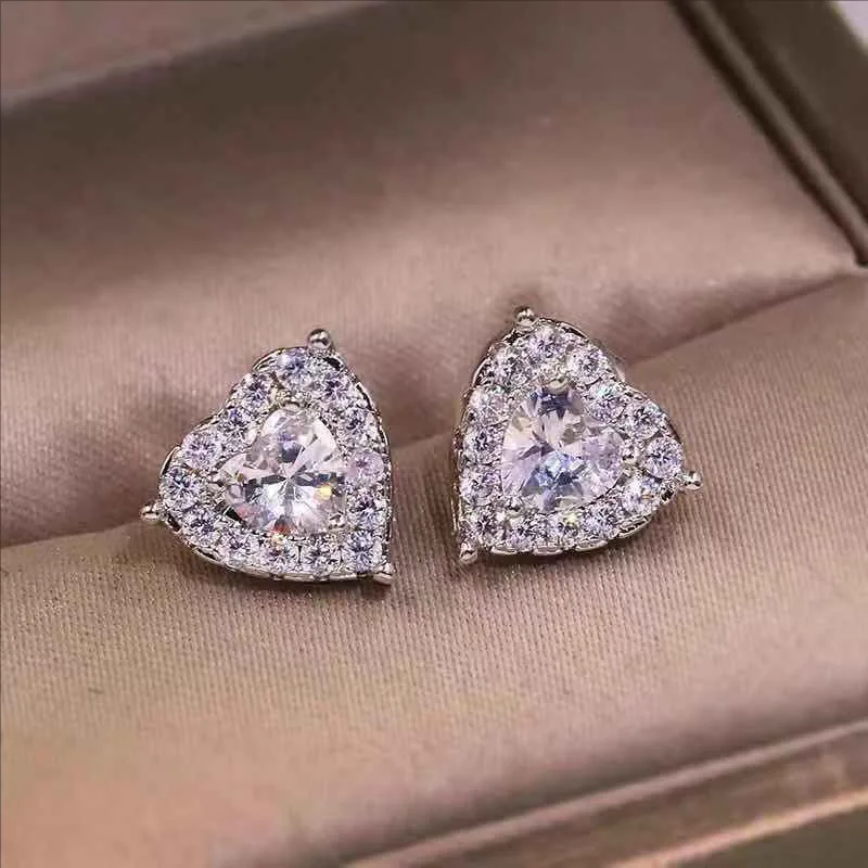 

1pair Women Men Stud Earrings Earrings For Girls Fashion Jewelry Cubic Zirconia Halo Earrings Heart Shape Ear Studs