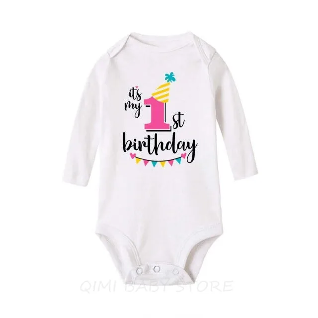 It's My First Birthday/боди для новорожденных, хлопковый боди с длинными рукавами для маленьких мальчиков, Комбинезоны для маленьких девочек, детские комбинезоны для дня рождения, одежда