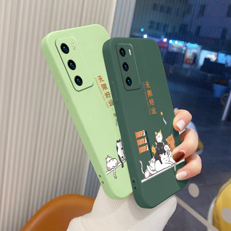 

Good Luck Cat Liquid Silicone Case For Huawei P40 P50 P30 P20 Pro Lite Mate 40 30 20 Pro Lite Nova 5t Y7A Soft Phone Back Cover
