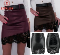 zapalisa 3 color slim hips bodycon skirts elegant women sexy streetwear wear see through lace decor high waist pu leather skirt