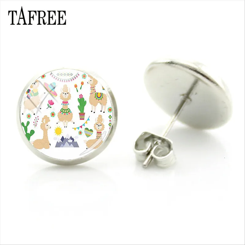 TAFREE, серьги-гвоздики из альпаки с изображением животных ламы, художественное изображение, стеклянный кабошон, очаровательные серьги для девочек и женщин, ювелирные изделия ручной работы, Gtifs YT13