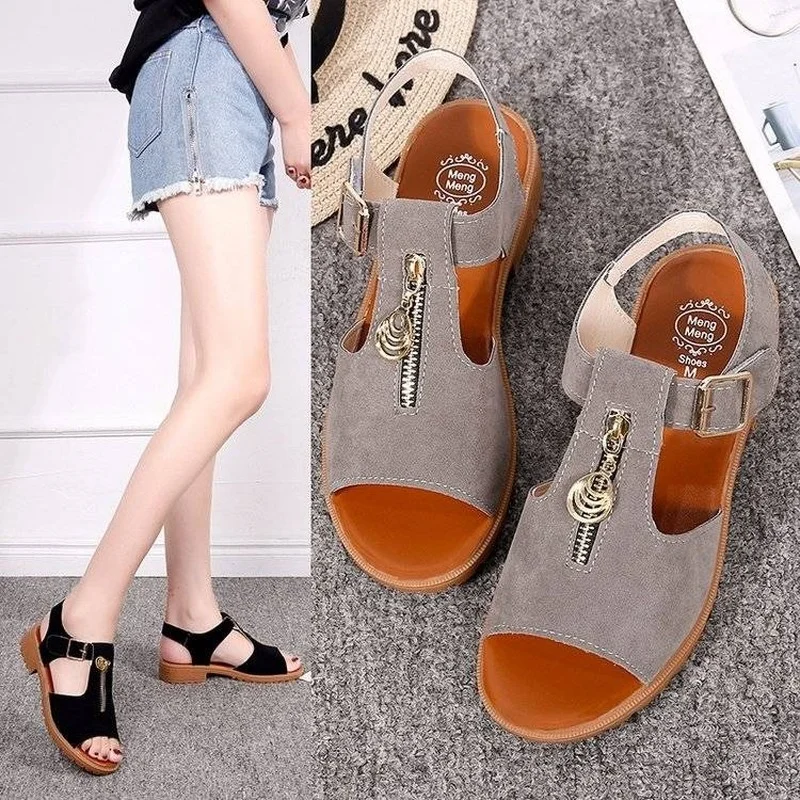

Sandals Summer New Korean Version of Thick Heel Sandals Open Toe Solid Color Zipper Shoes Low Heel Flat Bottom Women Sandals.