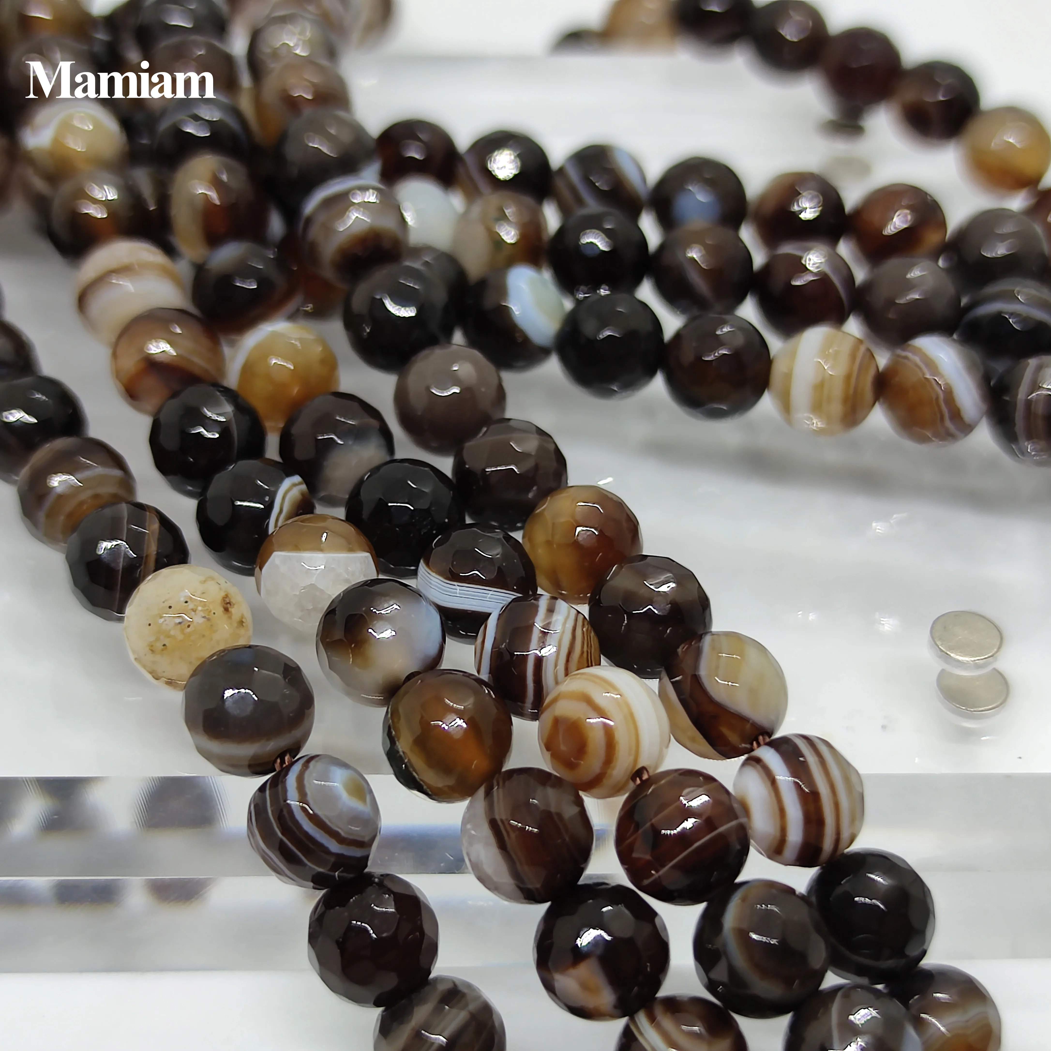 

Mamiam Natural A Coffee Stripe Agate Faceted Beads 8mm Smooth Loose Round Stone Diy Bracelet Necklace Jewelry Making Gift Design