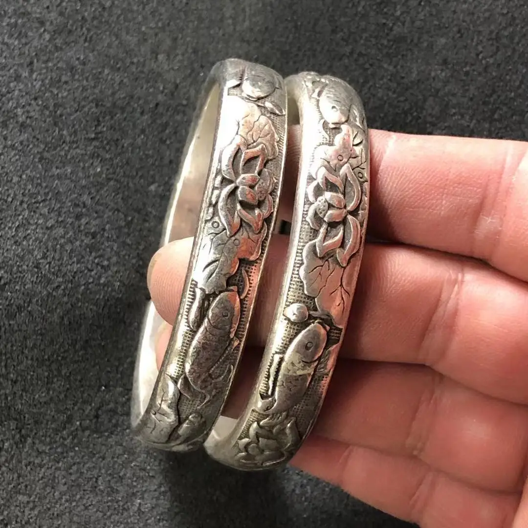 

Антикварный серебряный браслет Miao из различных тибетских серебров, серебряный браслет в этническом стиле, лотос, рыба, Лапка, серебряный бр...