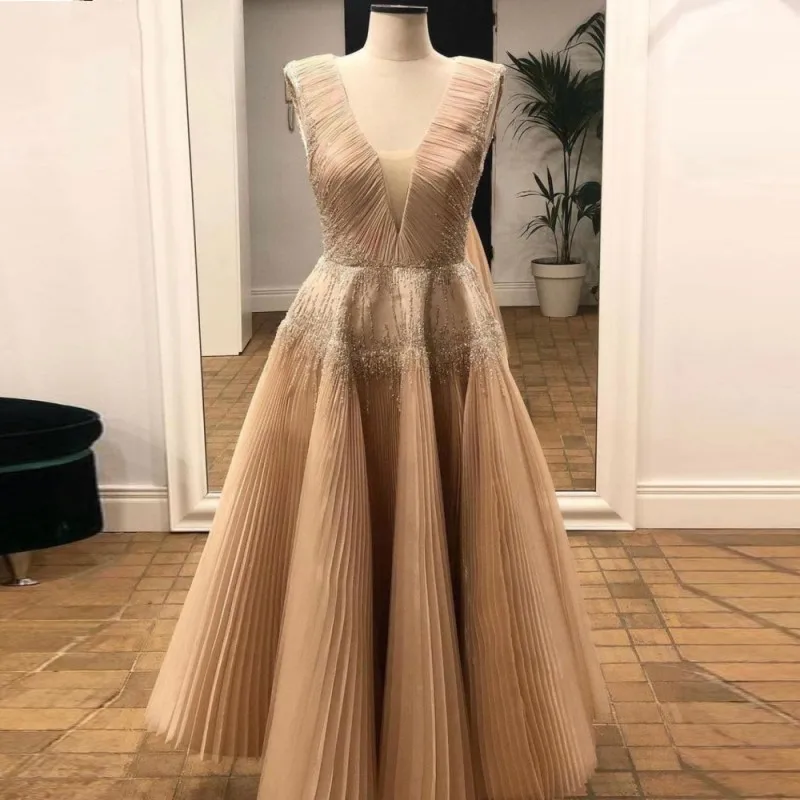 

Dubai Champagne Prom Gown Long robe de soiree abiye Pleats Prom Gowns Swing abendkleider vestido de festa longo