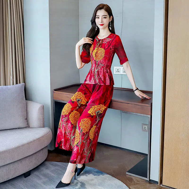 

Women 2021 Summer Fashion Two-piece Sets Female O-neck Printed Chiffon Tops Ladies Loose Wide-leg Pants Middle-aged Suits K183