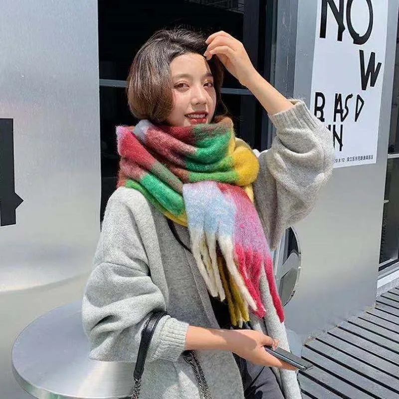 

ZHUOYNew Autumn and Winter Scarf New Wholesale Thickened Warmth Student Fashion Plaid Shawl Net Celebrity with The Same