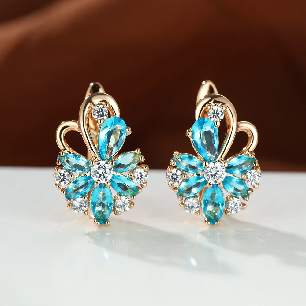 

Aqua Blue Flower Gold Earrings for Women Temperament Pink Purple Zircon Clip Earrings Female Wedding Festival Jewelry Gift