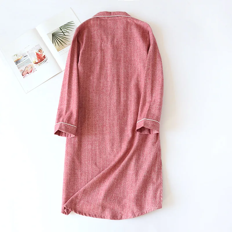 2023 new style 100% cotton skirt cardigan nightdress ladies spring and autumn long-sleeved loose mid-length nightdress plus size