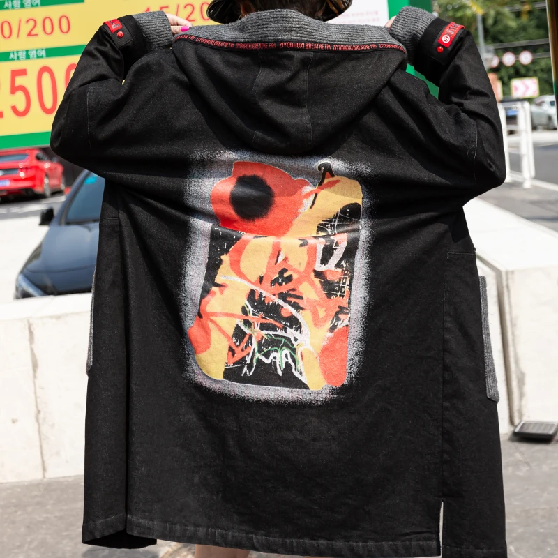 Женское джинсовое пальто Max LuLu Черное длинное с капюшоном в Корейском стиле