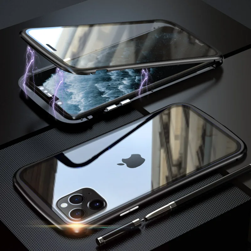 Броня металлическая рамка Магнитный чехол для iPhone 11 Pro Max чехол двойное закаленное стекло полное покрытие для iPhone 11 Pro Max Funda