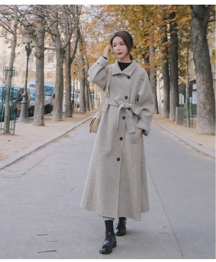 Зимнее корейское Женское пальто винтажное длинное шерстяное клетчатое Пальто Формальное тонкое длинное пальто с длинным рукавом зимняя женская куртка
