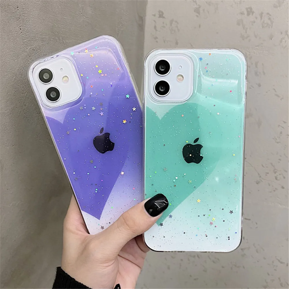 

Glitter Sequins Love Heart Phone Case For iPhone 12 11 Pro Max 7 8 Plus XS Max XR X SE 2020 Shining Stars Transparent Soft Cover