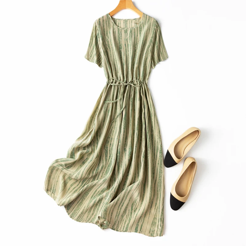 

Women 100% Silk luxury Fashion Midi Dress Short Sleeve Elegant Round Neck Fashion Irregularity Stripes One Size L1196