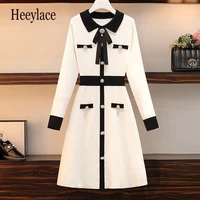 elegant women beading button knitted dress plus size chic autumn black white hit color pearl bowknot lapel collar sweater dress