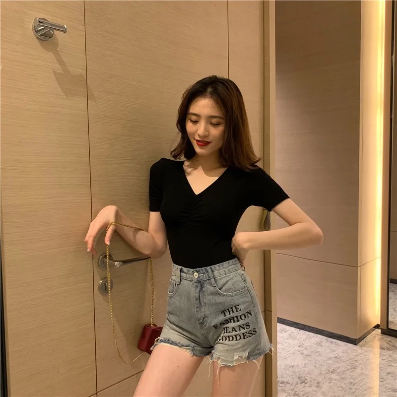 

J1498-2020 summer new Korean short bottoming shirt net red slim slimming solid color short-sleeved T-shirt female