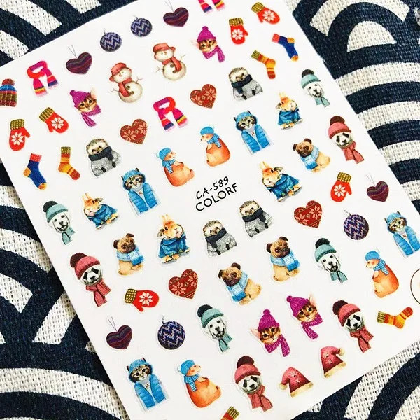 Наклейки 3d для дизайна ногтей Рождественская собака панда кошки пингвин|Стикеры