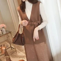 spring v neck thin waistcoat with belt casual plus size korean sashes woolen vest women female chic vintage loose vest