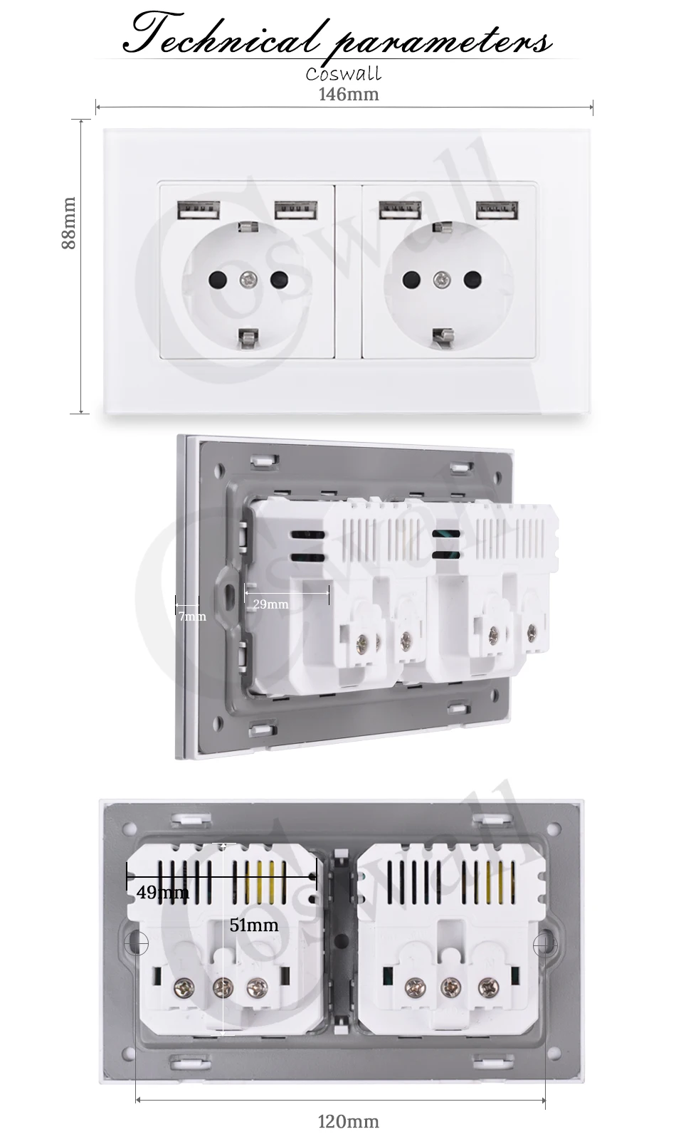 COSWALL бренд 2 банды Россия Испания настенная розетка стандарта ЕС с 4 USB зарядным портом скрытый мягкий светодиодный индикатор кристальная стеклянная панель