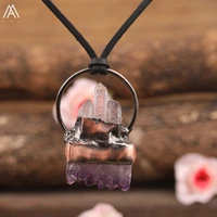 natural amethysts quartz geode antique charms pendant necklace women healing gmestones beads leather necklace jewelry dropship