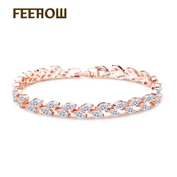 Rose Gold FEEHOW, высокое качество, Marquise Cut, прозрачный CZ циркониевый браслет и браслеты для женщин, подарок, модный, кристалл, камень, лист, ювелирное изделие, FWBP061 - Окраска металла: Rose Gold