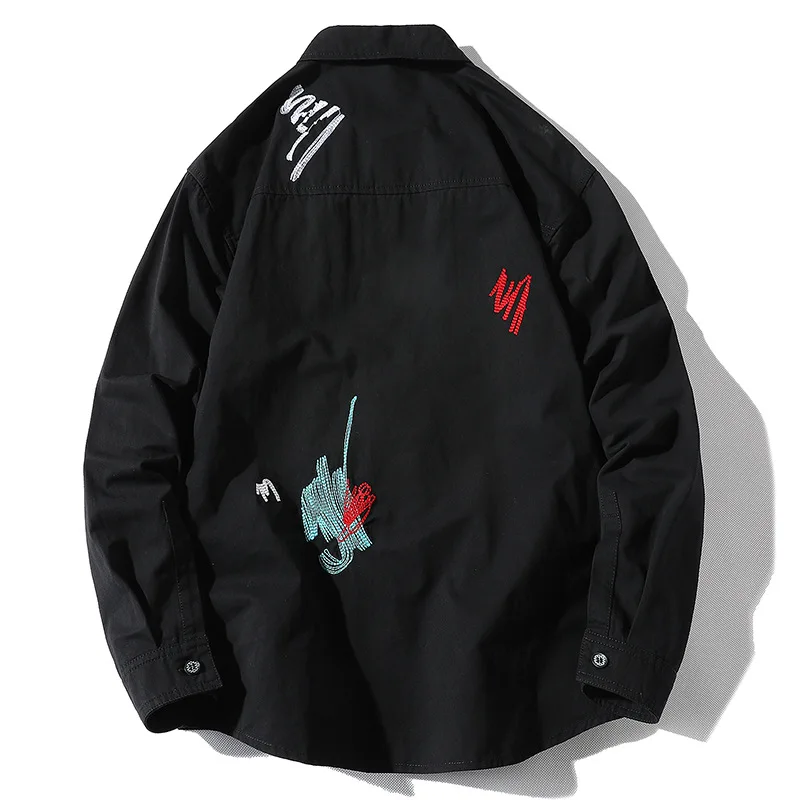 Urban men's clothing spring new ins trend Korean cardigan lapel men's shirt long-sleeved cartoon casual shirt men's clothing