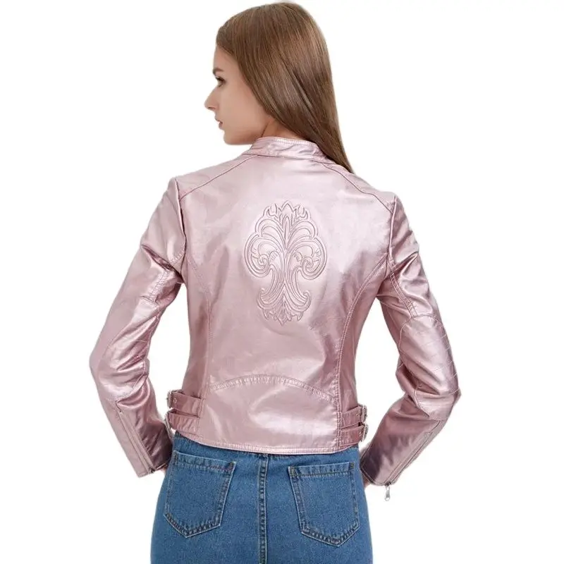 Куртка TMODA262 женская из искусственной кожи мотоциклетная блестящая розовая