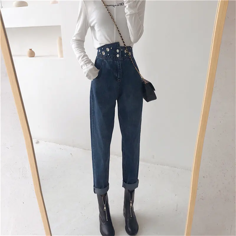 HziriP Модные свободные джинсовые винтажные джинсы большого размера с бусинами для