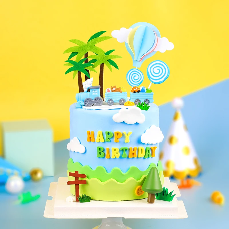 

Happy Birthday Cake Topper Boy Like Blue Small Train Toy Suit Ornaments Hot Air Balloon Insert The Cards For Kids Birthday Party